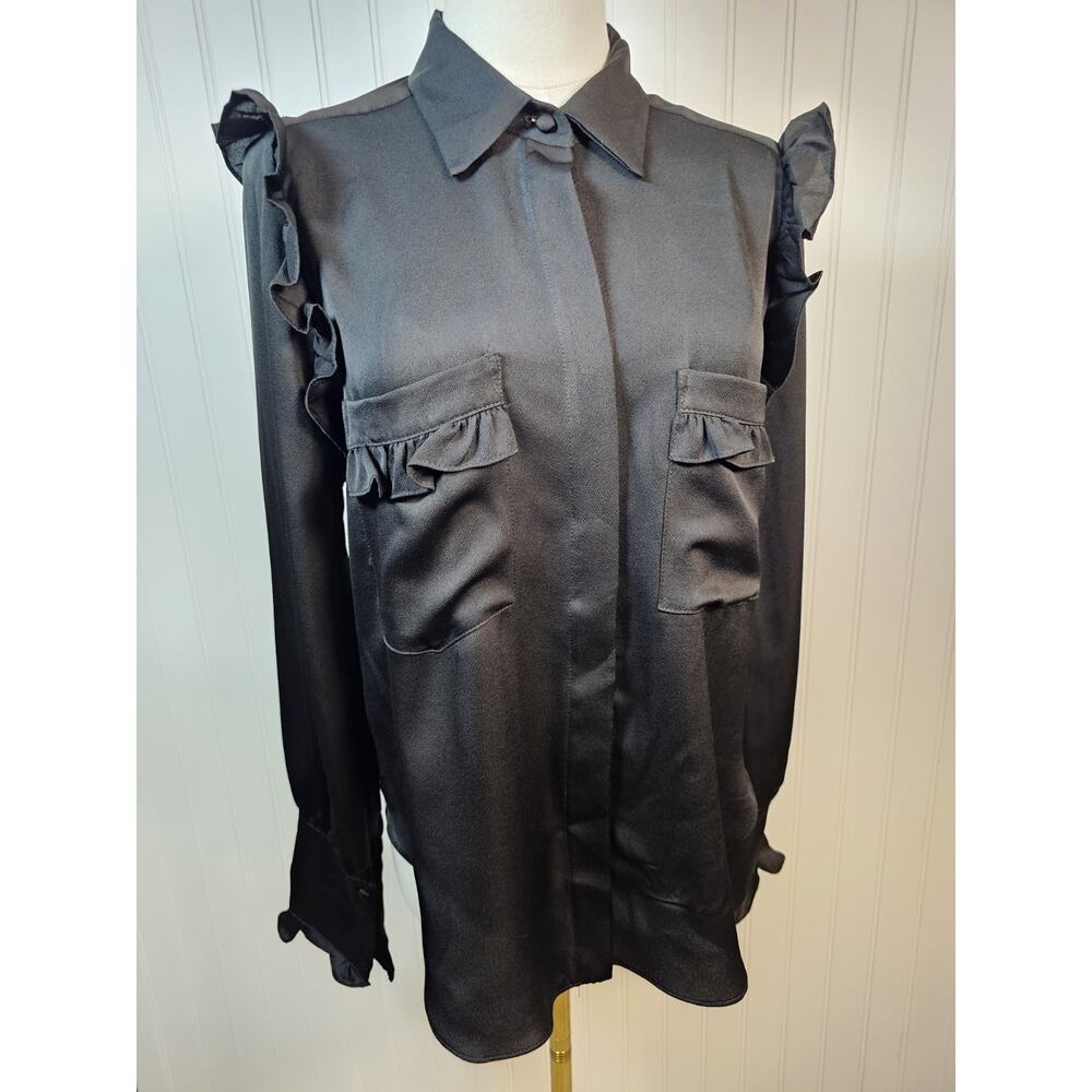 MISA Los Angeles Ruffle Long Sleeve Button‎ Up Blouse Women's XS Black